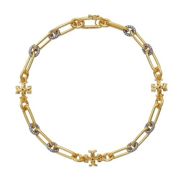 TORY BURCH • Gold Roxanne Chain Crystal Logo Necklace Includes Jewelry Bag - Picture 1 of 9